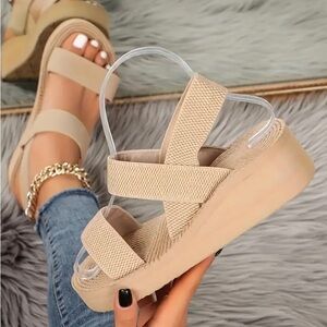 New Wedge Sandals Lightweight Open Toe Elastic Strap Slip On Shoes NWT Khaki